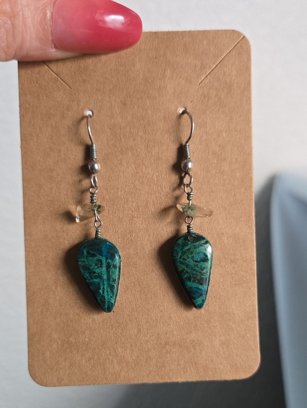 Vintage Teardrop Green-Blue Stone Dangle Earrings - Vintage